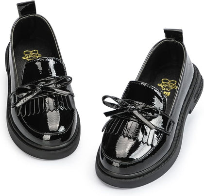 Toddler Girls Black Dress Shoes Little Girl Patent Leather Loafers School Uniform Wedding Mary Jane Tassel Bow Flats