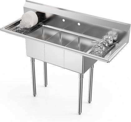 Commercial Sink, Stainless Steel Sink with 3 Compartment and 2 Sides Drain Rack, 20" x 54" x 43.5" Freestanding