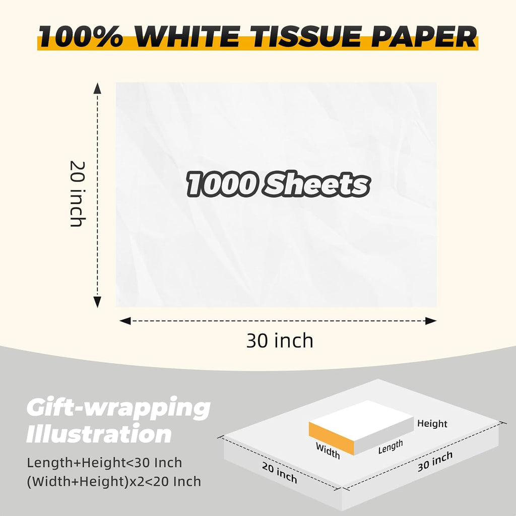 1000 Sheets White Tissue Paper for Gift Bags, 20"x 30" Tissue Paper Bulk