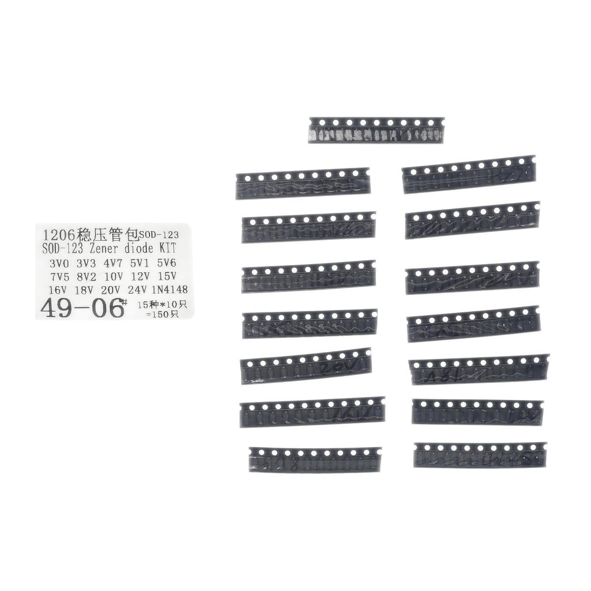150 Pcs 0.5W Zener Diode Kit 14 Values 3V-24V SOD-123 Plus 1N4148
