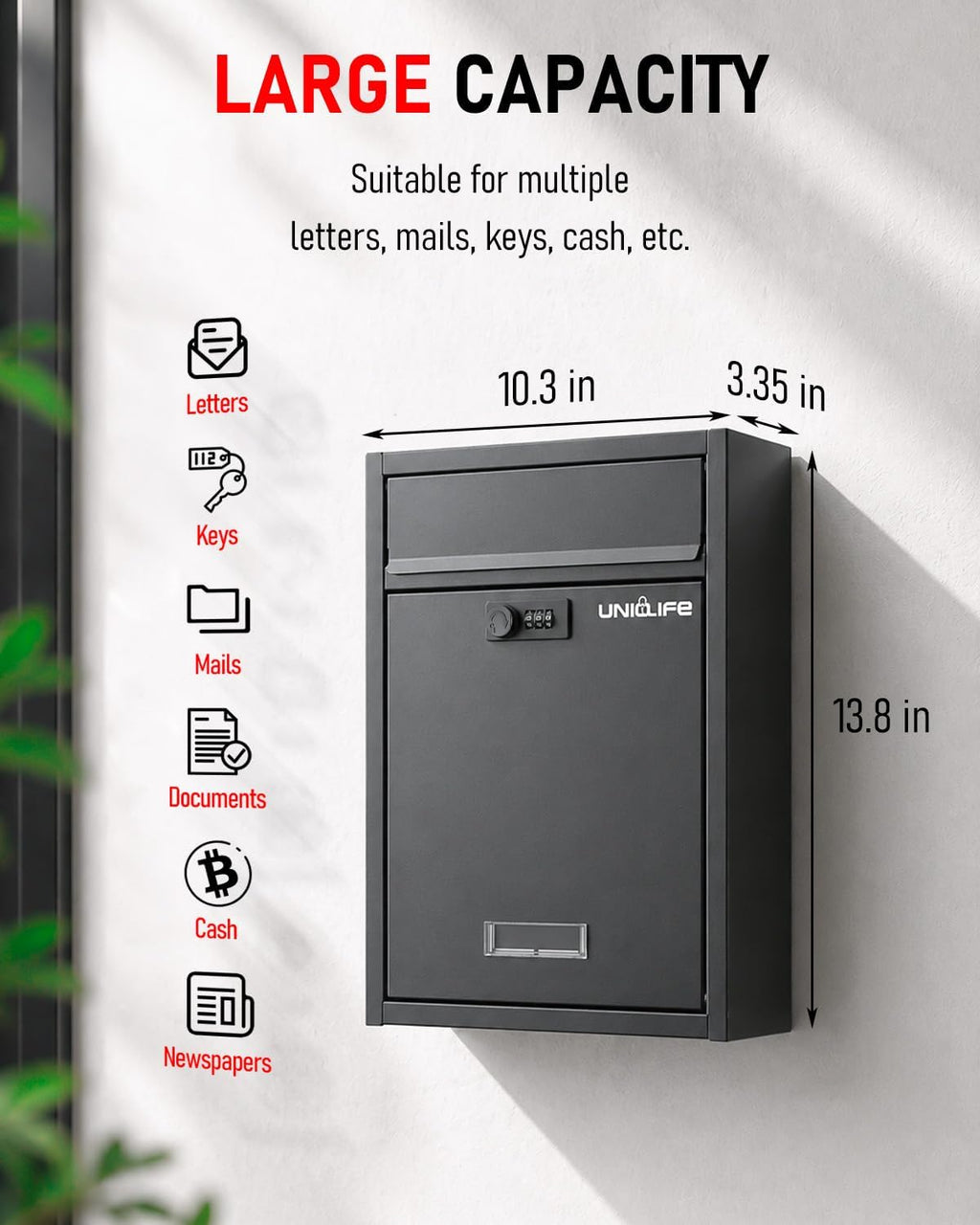 Wall Mount Mailbox for Outside, Large Locking Mailbox, Black | Security Mail Box with Combination Lock, Safe Key Drop