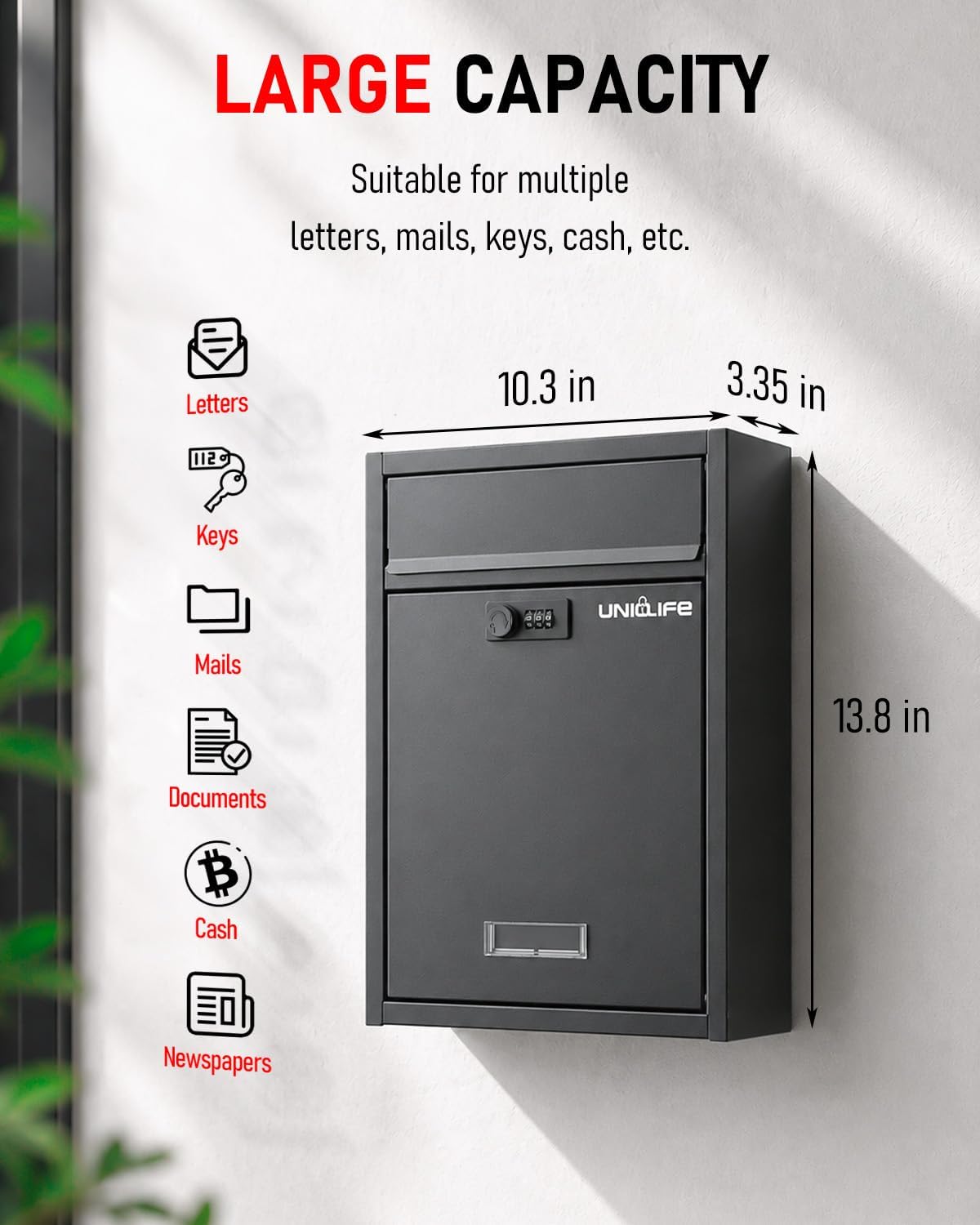 Wall Mount Mailbox for Outside, Large Locking Mailbox, Black | Security Mail Box with Combination Lock, Safe Key Drop