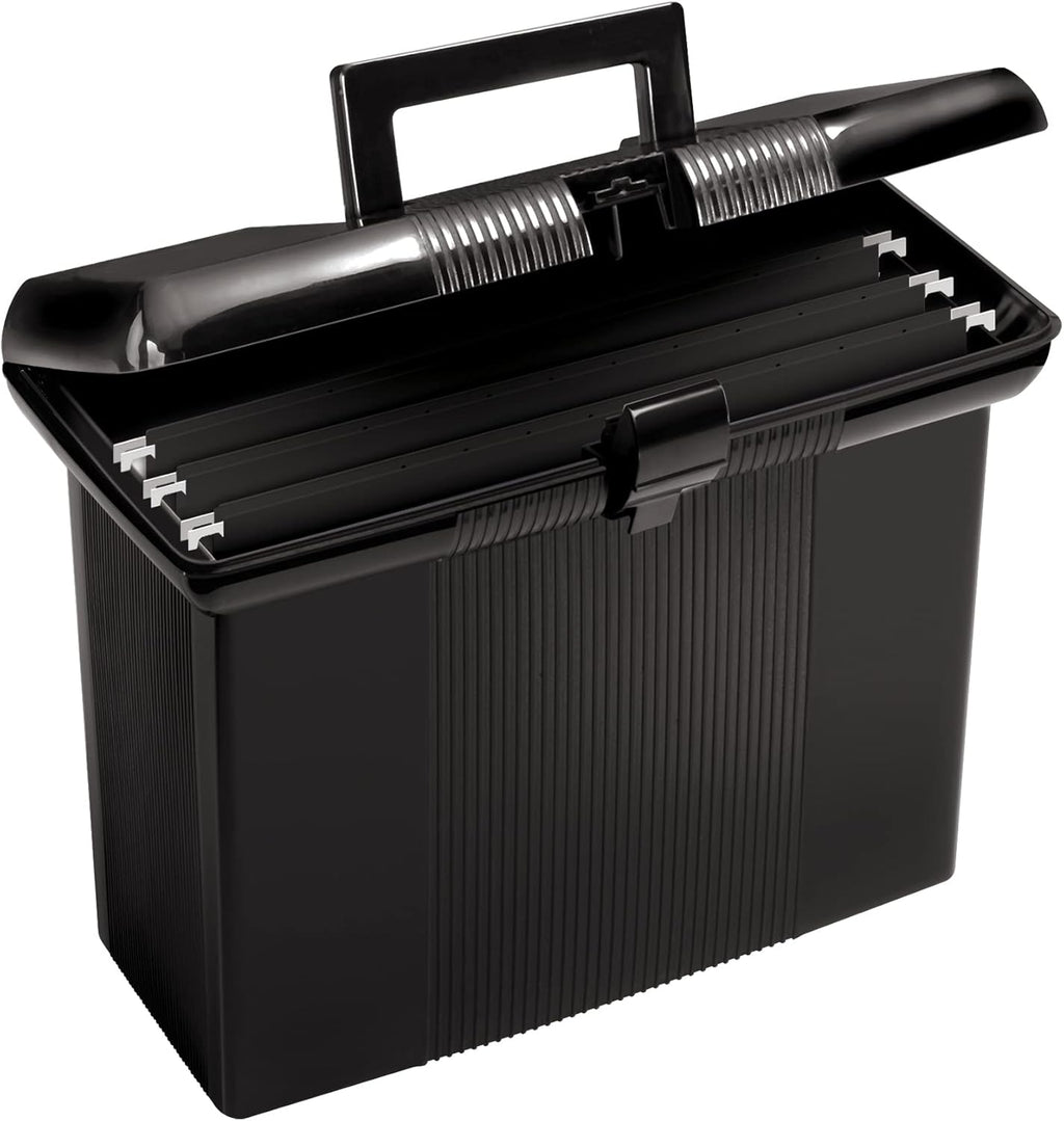 Portable File Box with File Rails, Hinged Lid with Double Latch Closure, Black, 3 Black Letter Size Hanging Folders