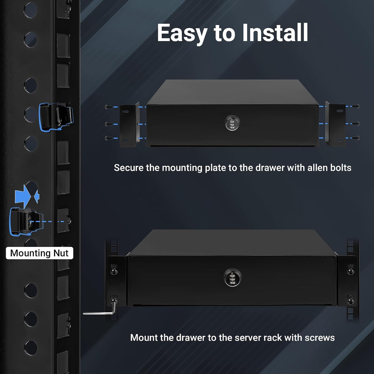 2U Rack Mount Drawer, Server Rack Drawer w/Combination Lock