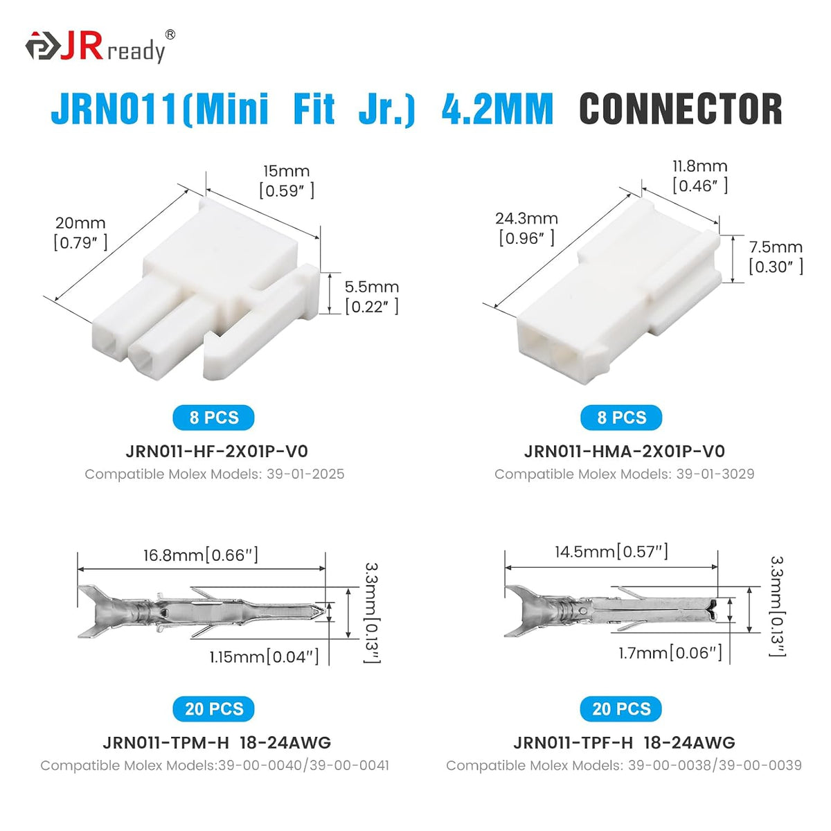 JRready Molex Mini-fit Jr 4.2mm 2 Pin Connector 5559Series Housing Dual Row 2 Circuits 39-01-3029 39-01-2025 with Crimp Terminal Pins Sockets 18-24AWG 8 Complete Set ACTCRH6A08
