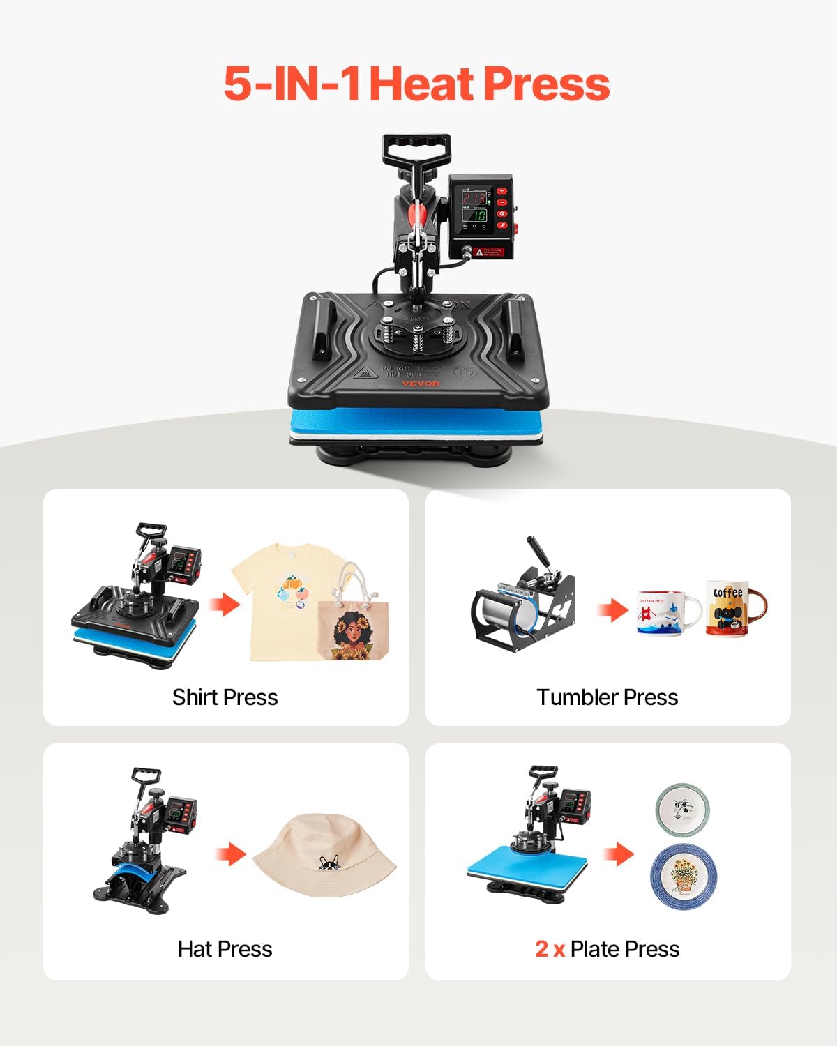 Heat Press Machine 12"x15" 5 in 1 360° Swing Away Shirt Press Machine