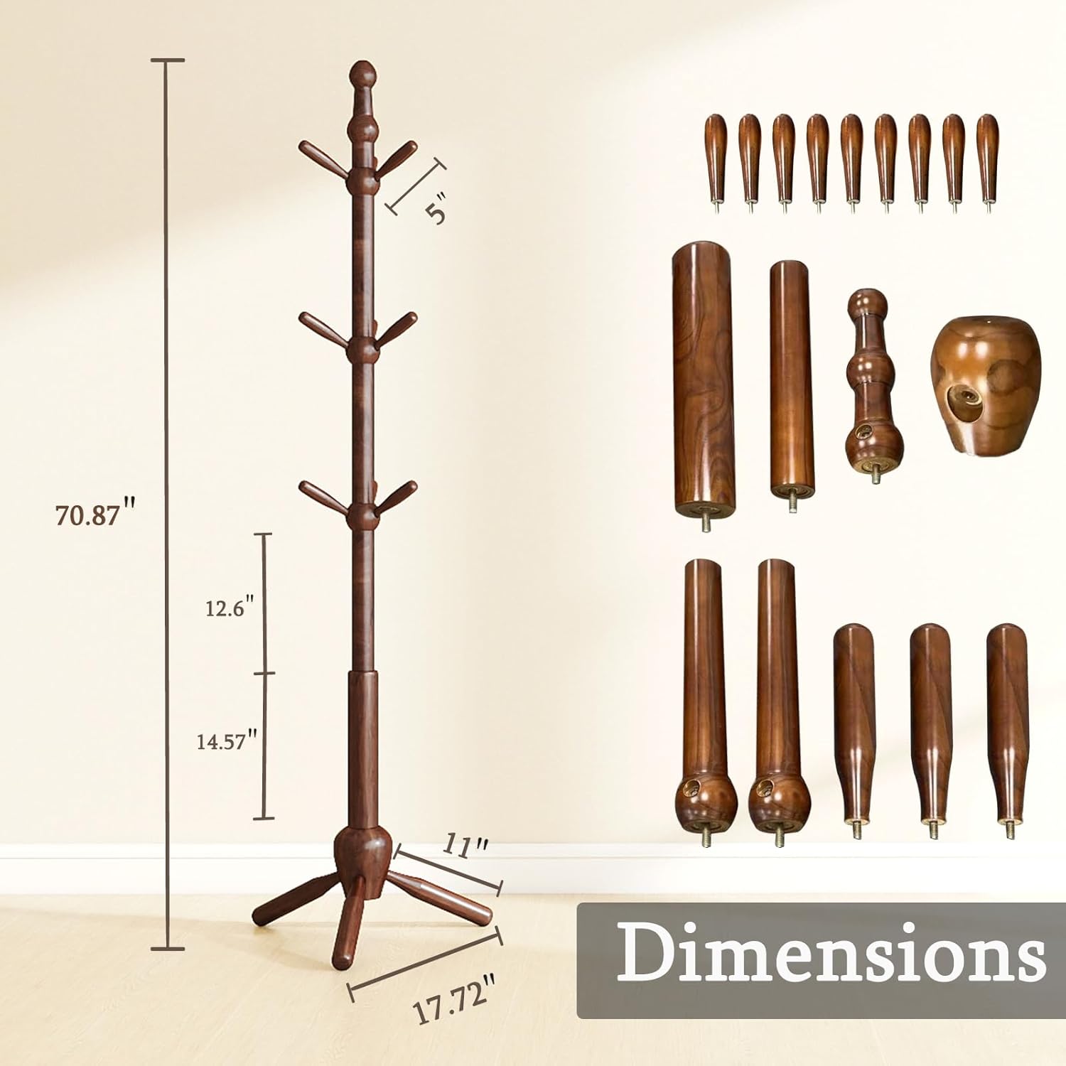 Solid Wood Coat Rack Stand, Vintage Heavy Duty Coat Hanger Stand with 9 Hooks, 3 Adjustable Size Sturdy Coat Tree for