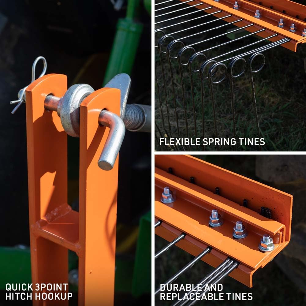 3 Point Pine Straw Needle Rake, 5 FT Landscape Rake for Cat 1 Tractors, Heat-Treated Coil Steel Spring Tines