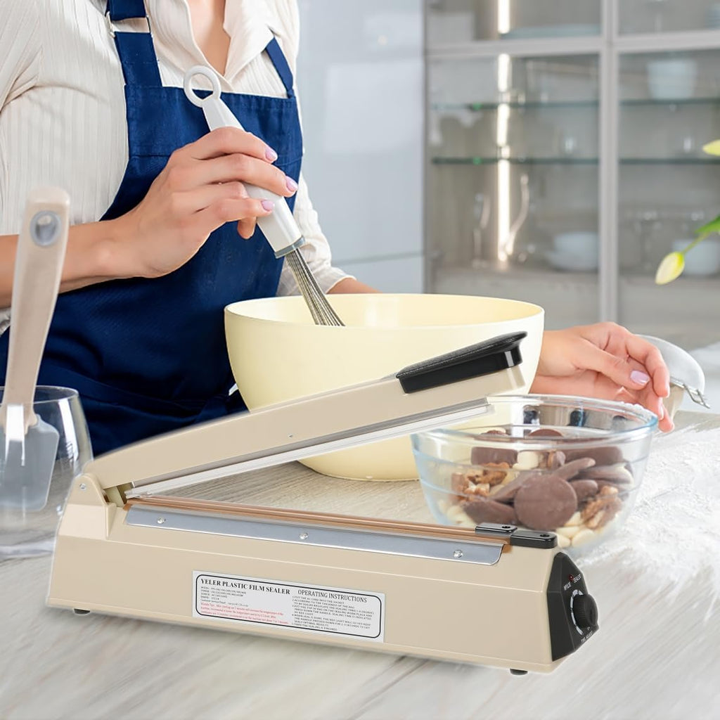 12 Inch Impulse Heat Sealer - Manual Poly Bag Sealer Machine for Plastic PE PP Bags - Extra Replace Element Grip (Beige)