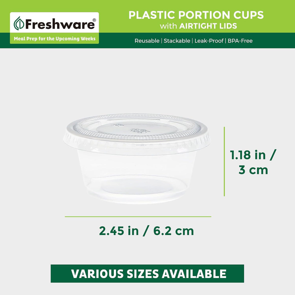 Plastic Portion Cups with Lids [2 Ounce, 100 Sets] Disposable Plastic Cups for Meal Prep, Salad Dressing, Jellos Shot
