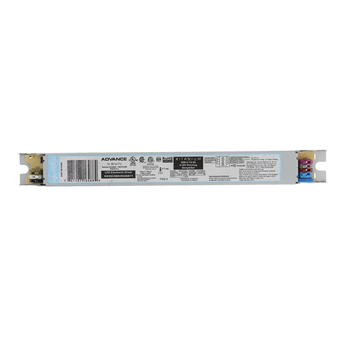 Advance XI030C090V054BST1 Programmable LED Driver, 0-10V Dimmable, 30W, 900mA, 10-54Vdc