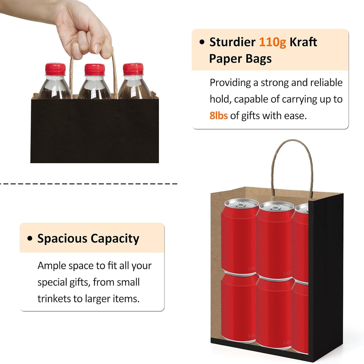 Medium Gift Bags with Handles 8x4.25x10.5 Inch Black 50 Pack Bulk