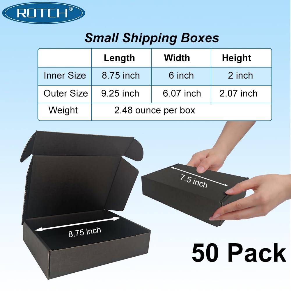 50 Pack 9x6x2'' Small Shipping Boxes, Black, Corrugated Cardboard Mailers (M962-E-B)