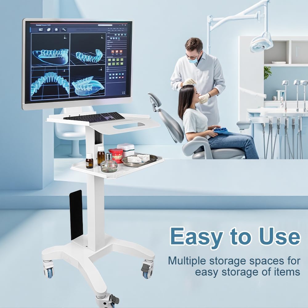 Dental Clinic Cart - Medical cart with Two Trays and Scanner Holder, Medical Trolley with Wheels