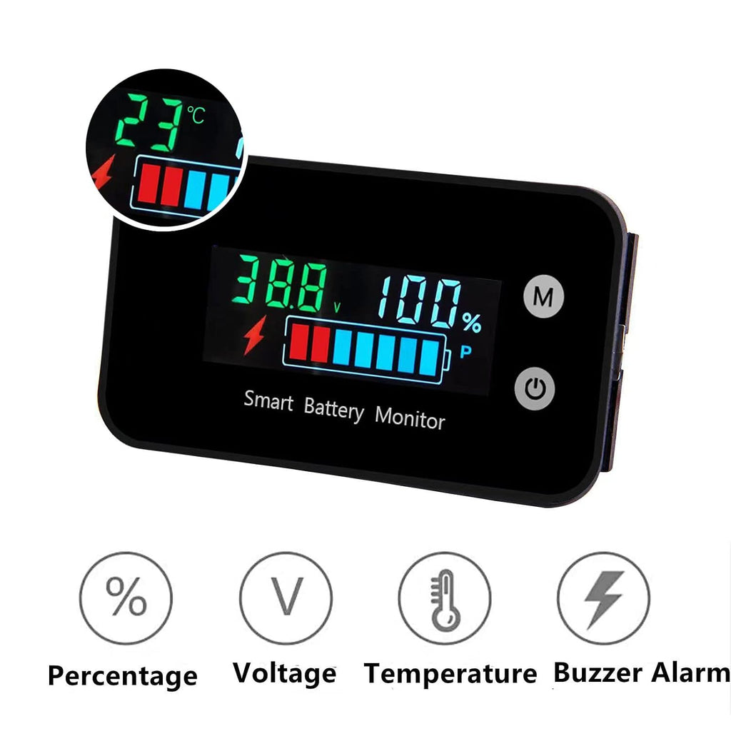 7-100V Battery Monitor, Color LCD with Temp &Buzzer Alarm | 12v 24v 36v 48v 60v 72v Digital Display Lead-acid &