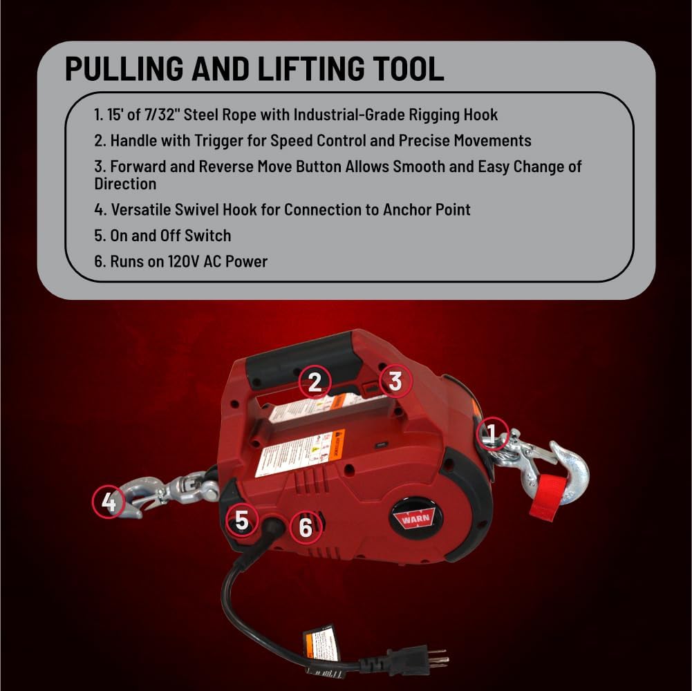 PullzAll 120V AC Electric Winch with 1/2 Ton (1,000 lb) Capacity | Equipped with Steel Cable, Portable, Corded