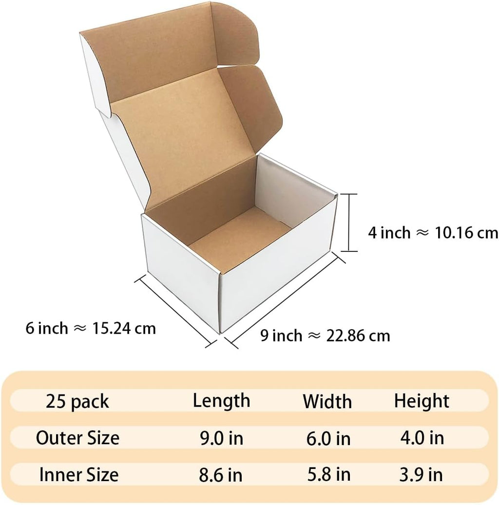 9x6x4 inch Shipping Boxes Set of 25, White Corrugated Cardboard Mailer Box