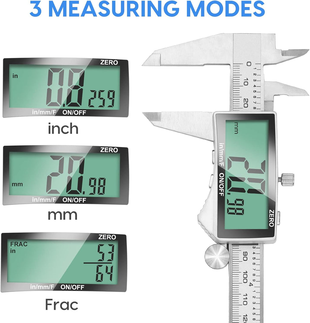 Digital Caliper, 6 Inch Caliper Tool with Extra Large LCD Screen, Auto-Off Feature, Easy Switch from Inch Metric Fraction, Stainless Steel Vernier Caliper Measuring Tool for DIY/Household