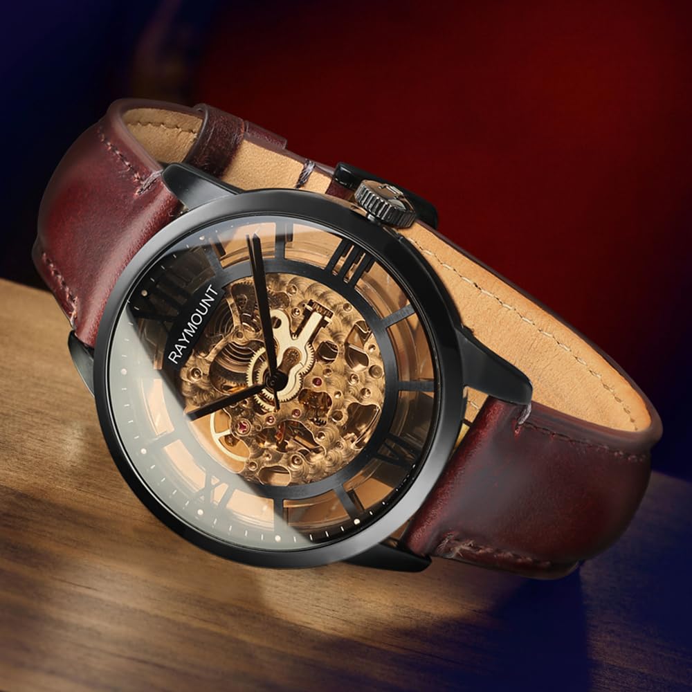 Men's Automatic Watch with Mechanical Movement, Skeleton Dial and Leather Band