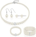 Pearl Rhinestone Jewelry Set for Women Pearl Necklace Bracelet Earrings for Wedding Birthday Bridal Shower Tea Party