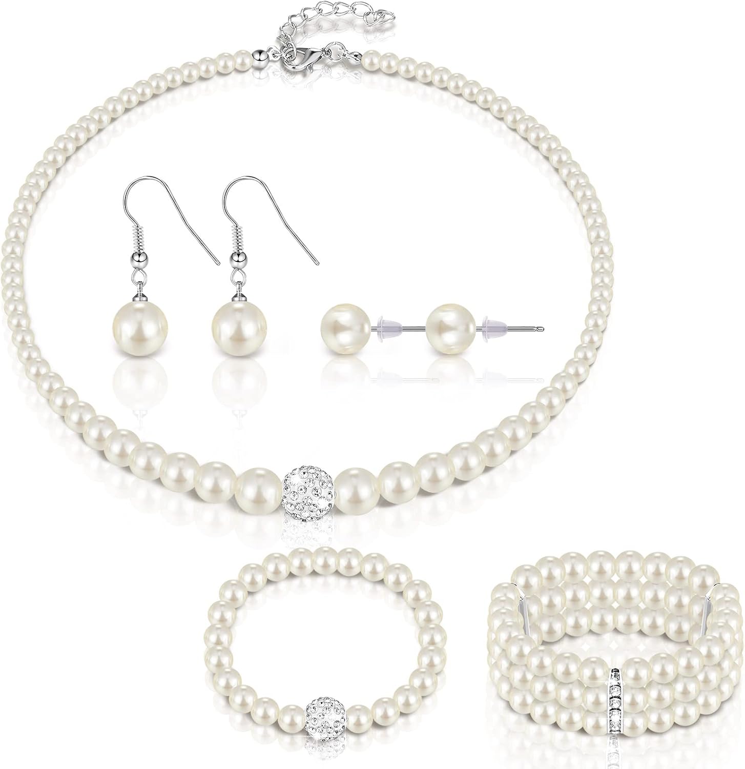 Pearl Rhinestone Jewelry Set for Women Pearl Necklace Bracelet Earrings for Wedding Birthday Bridal Shower Tea Party