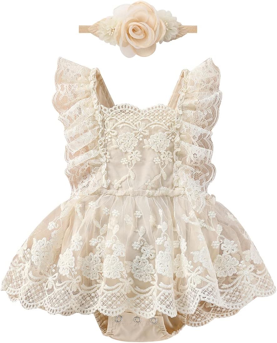 Infant First Birthday Outfit Baby Girls Boho Lace Ruffle Romper Tutu Dress with Headband for Newborn Cake Smash