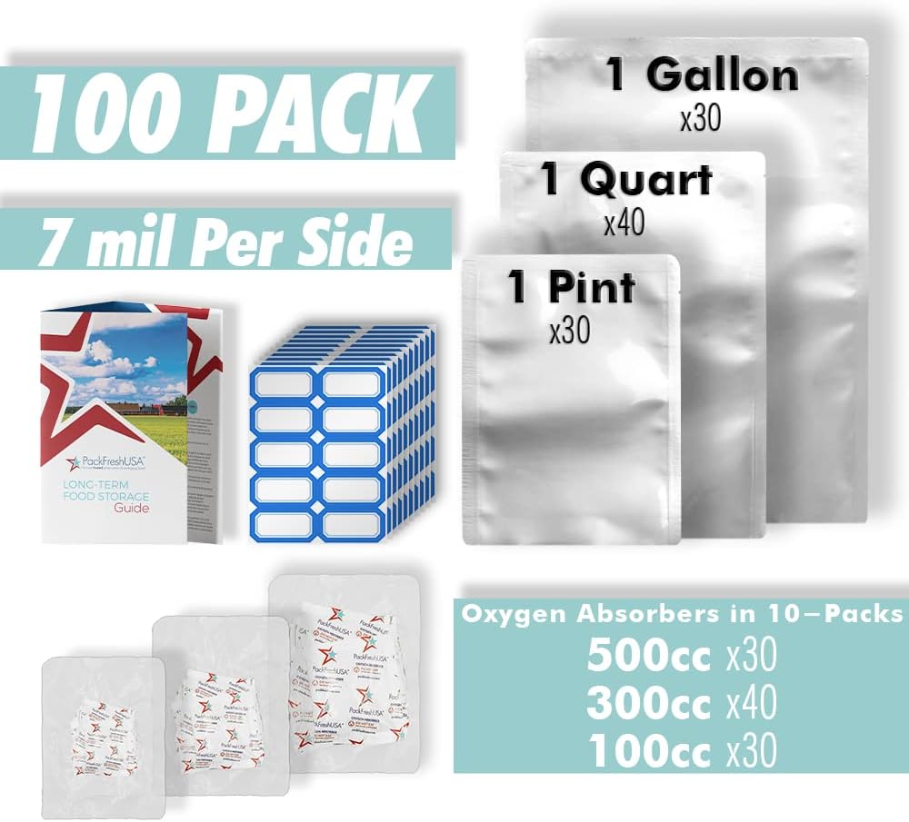 100-Pack 7 Mil Mylar Bags & Oxygen Absorbers - Pint, Quart, Gallon – Durable Food Storage for Long-Term Prep, Heat