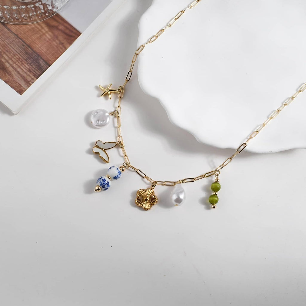 Pearl Flower Charm Necklace Floral Beach Shell Fish Summer Chinoiserie Porcelain Cherry Fruit Butterfly Whimsical
