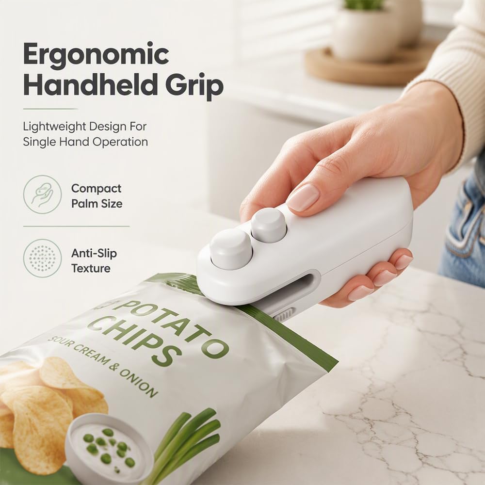 2026 New Mini Bag Sealer, 2-in-1 Chip Bag Sealer with Cutter (White,1)