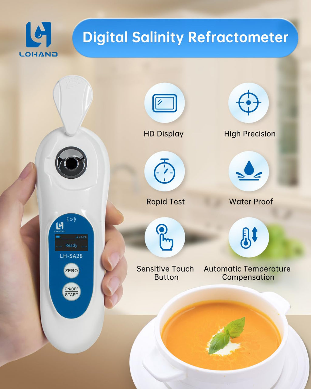 Digital Salinity Refractometer with ATC, 0-28% Measurement Range