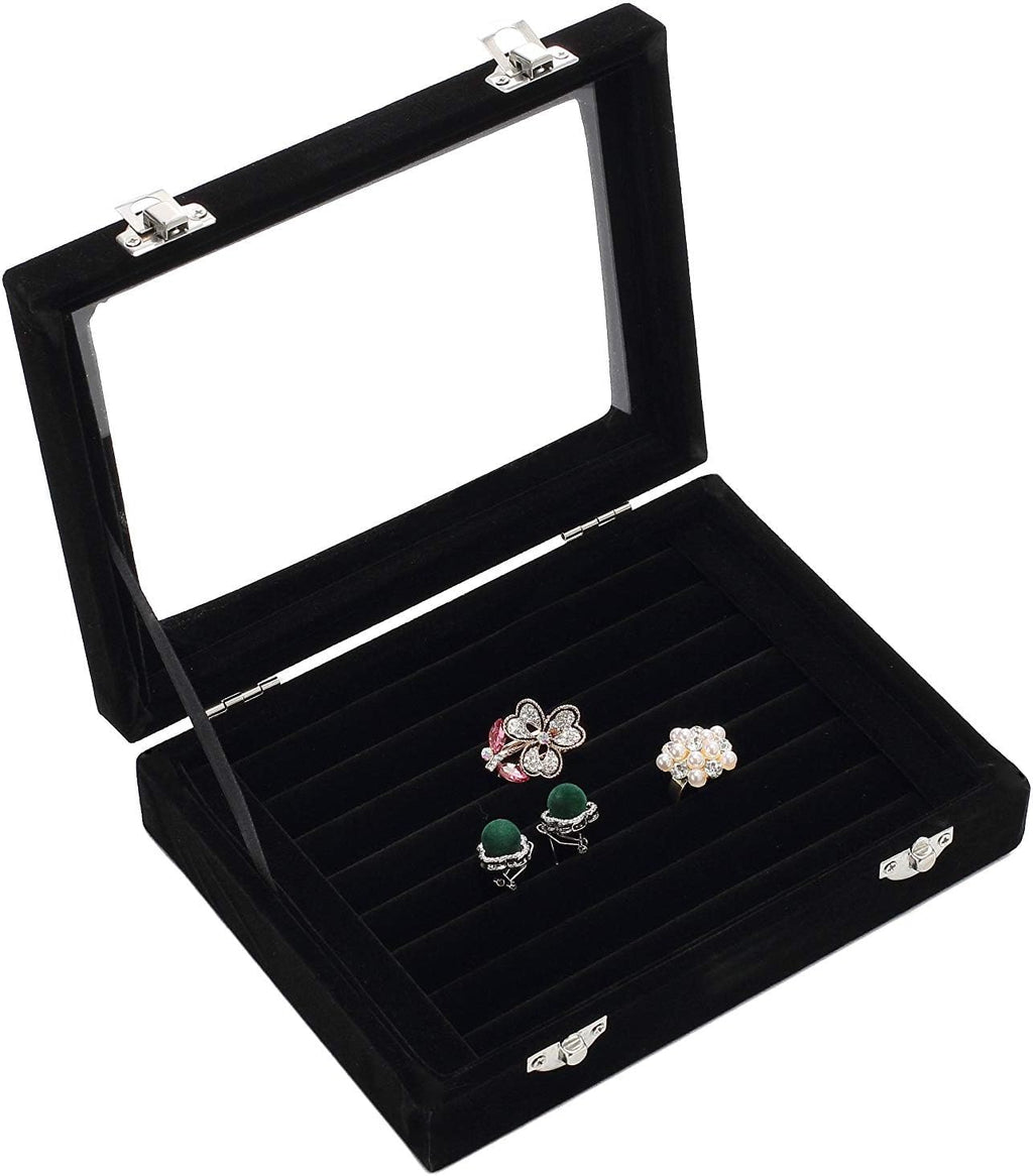 Jewelry Box Rings Organizer Tray 7 Slots Velvet Jewelry Earring Storage Box With Transparent Lid Jewelry Display Case