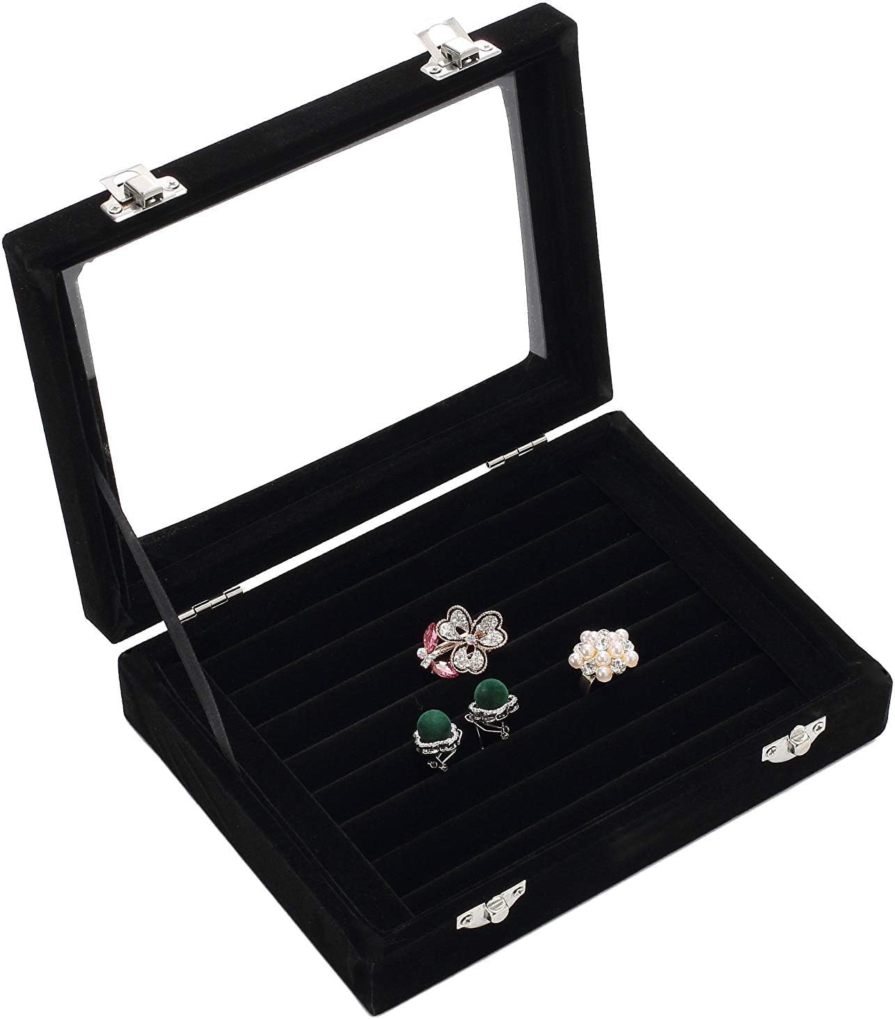 Jewelry Box Rings Organizer Tray 7 Slots Velvet Jewelry Earring Storage Box With Transparent Lid Jewelry Display Case