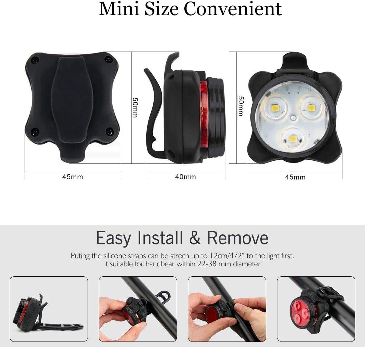 USB Rechargeable Bike Light Set, Super Bright, Bike Lights Front and Back, Waterproof, 4 Light Modes (2 Cables, 2