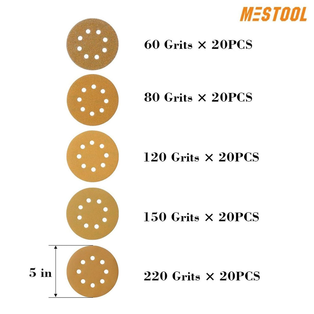 5-Inch 8-Hole Hook and Loop Sanding Discs, Orbital Sander Sandpaper Discs, 100 Pieces Round Sandpaper Set Include 60