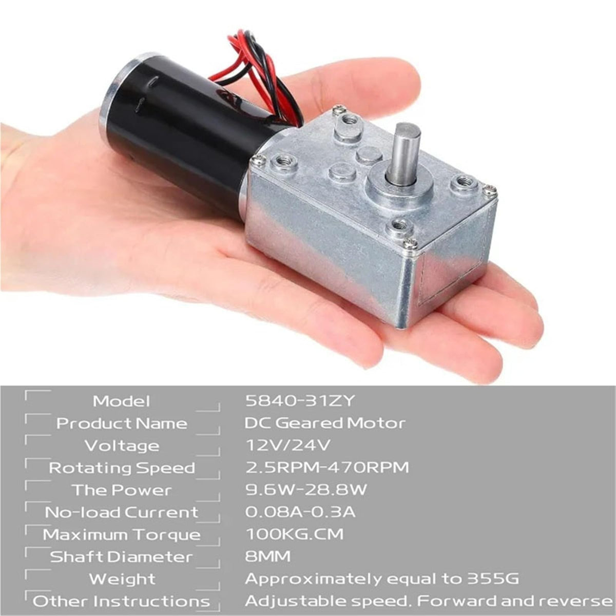 5840-31ZY Worm Gear Motor DC 12V/24V 7RPM~470RPM Speed Adjustable Miniature Small High Torque Power 5.0 1PCS(80RPM,24V)
