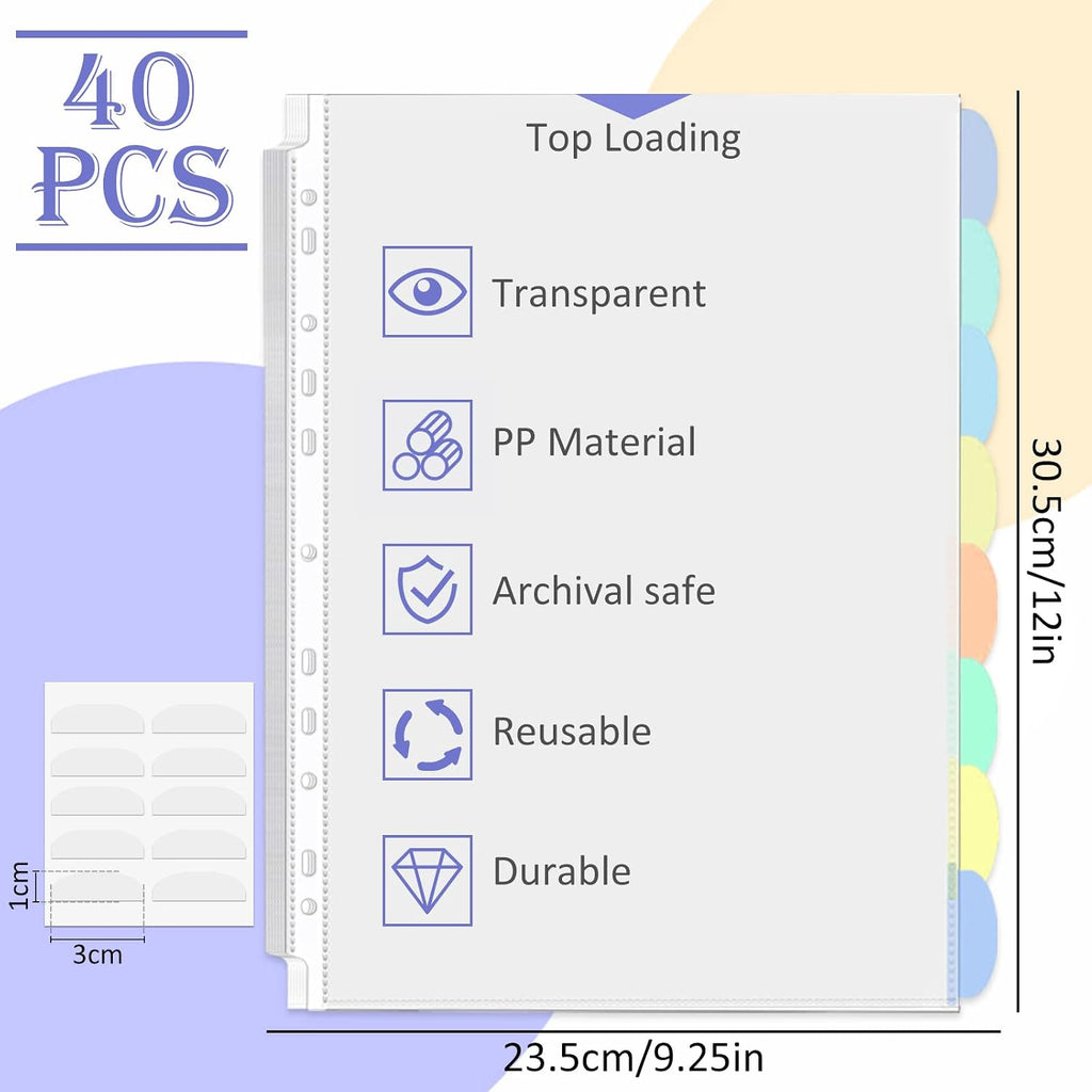 5 Set of 40 Pack A4 Plastic Sleeves Binder Index Dividers Pocket Dividers for 2/3/4 Ring Binder with 8 Tabs，Clear