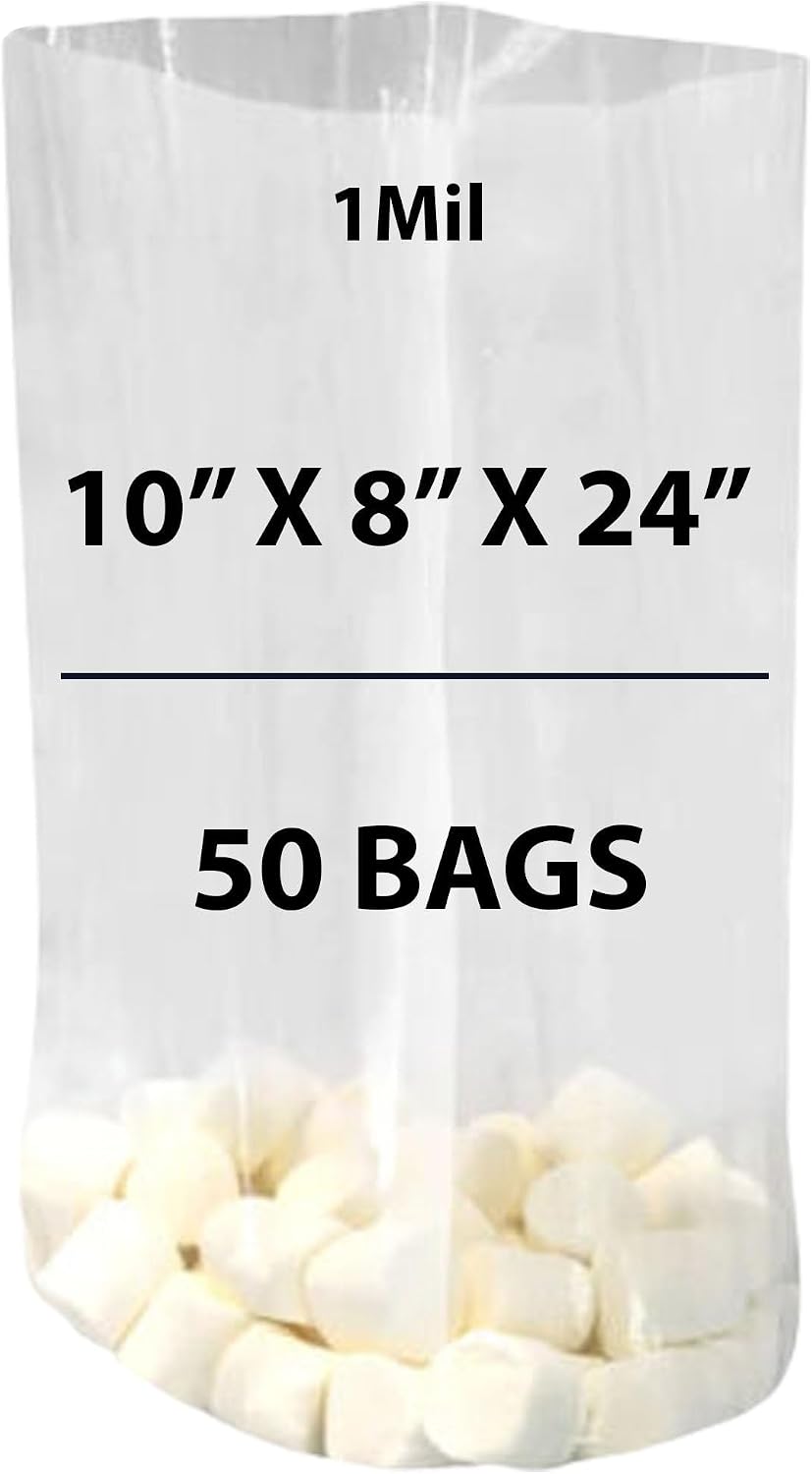 Clear Gusseted Bags 1Mil, 10" X 8" X 24" & 50 Bags | LDPE Material, For Food Packaging, Storage & Display | Heat