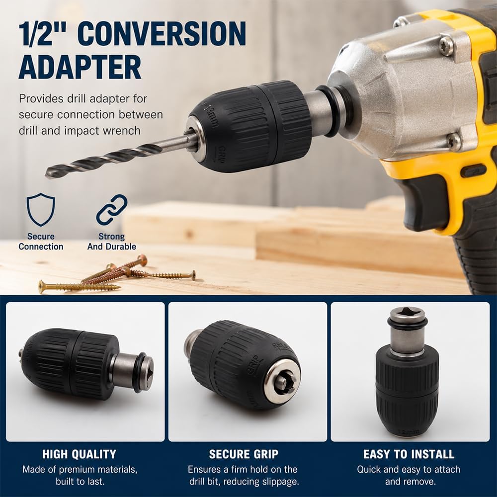 2-13mm Capacity Mount 1/2-20UNF Keyless Drill Chuck Quick Change Conversion Adapter with 1/2 Inch Socket Square Female Adapter