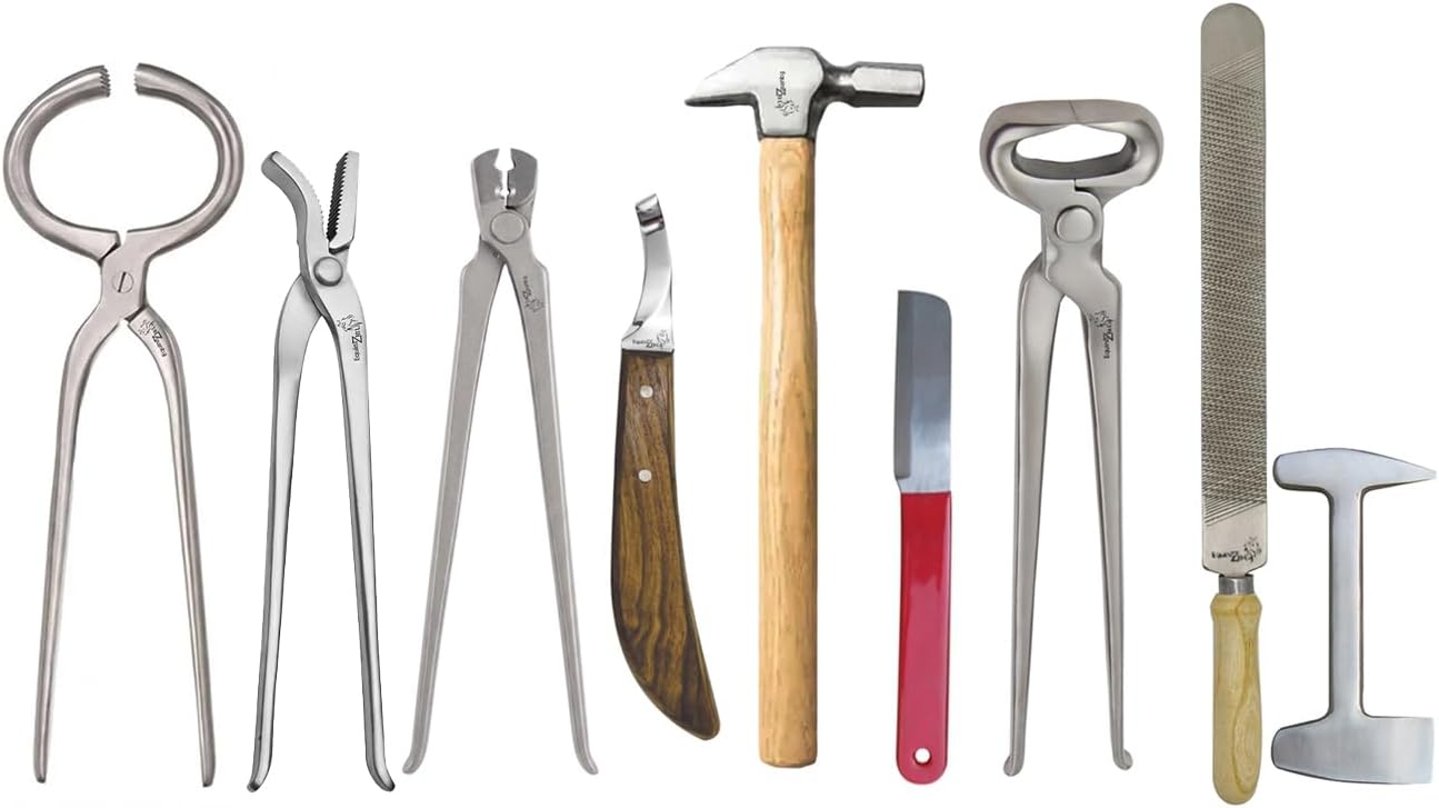 Horse Farrier Tool Kit – 9 Piece Complete Hoof Care Set with Hoof Nippers, Hoof Knife, Rasp, Clincher, Puller, Hammer