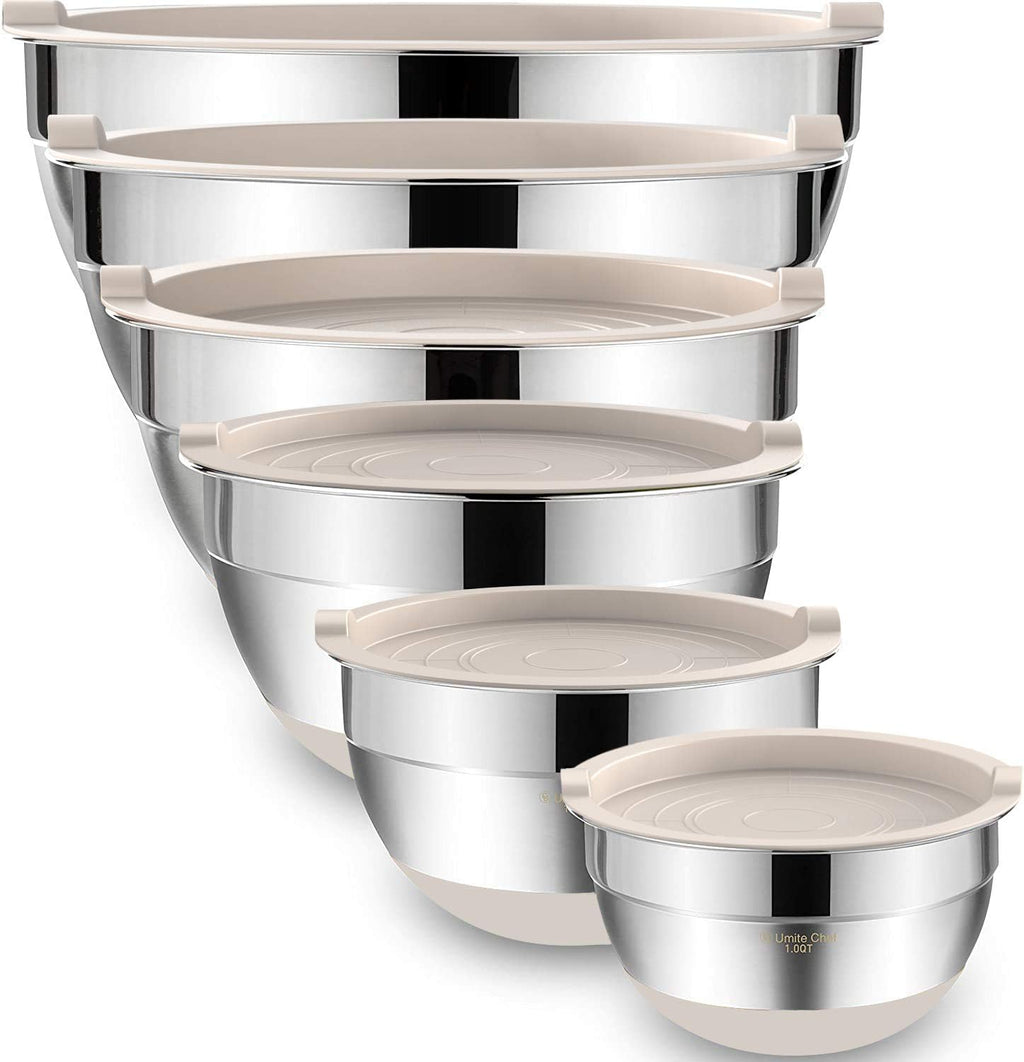 Mixing Bowls with Airtight Lids, 6 piece Stainless Steel Metal Nesting Storage Bowls, Non-Slip Bottoms Size 7, 3.5