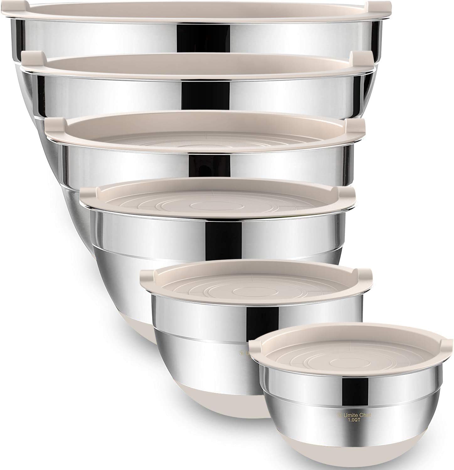 Mixing Bowls with Airtight Lids, 6 piece Stainless Steel Metal Nesting Storage Bowls, Non-Slip Bottoms Size 7, 3.5