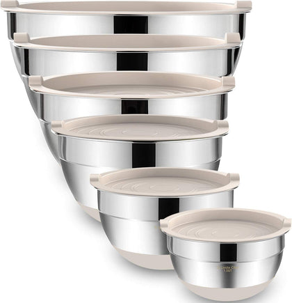 Mixing Bowls with Airtight Lids, 6 piece Stainless Steel Metal Nesting Storage Bowls, Non-Slip Bottoms Size 7, 3.5