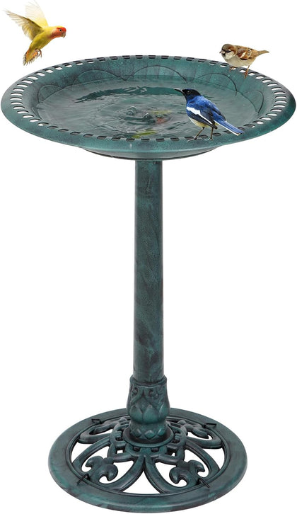 28 Inch Height Pedestal Bird Bath - Antique Green Resin Birdbath for Vintage Decoration in Outdoor Garden Courtyard