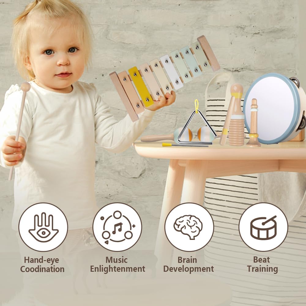 Baby Musical Instruments-Montessori Wooden Toys for Toddlers | Neutral Colors Percussion Instruments Set with Modern