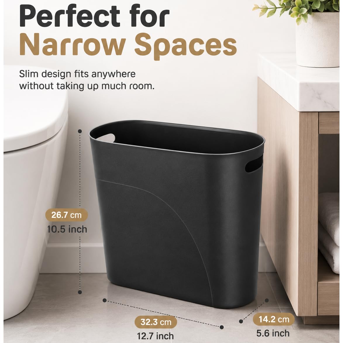 Small Trash Can Plastic Bathroom Wastebasket 3.2 Gallon Slim Garbage Container Bin with Handle for Home Kitchen