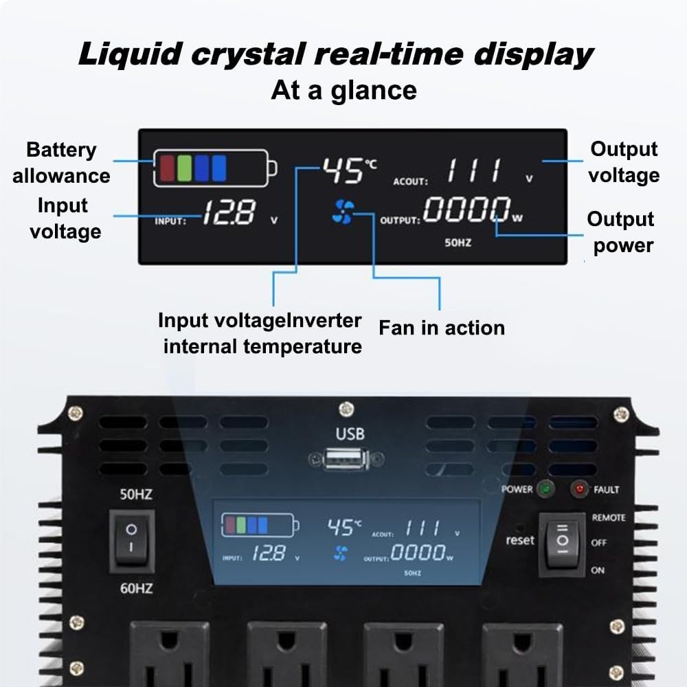 5000 Watt Pure Sine Wave Power Inverter, 12V DC to 110V/120V AC Converter 10000W Peak, with Remote Control LCD, 4 AC