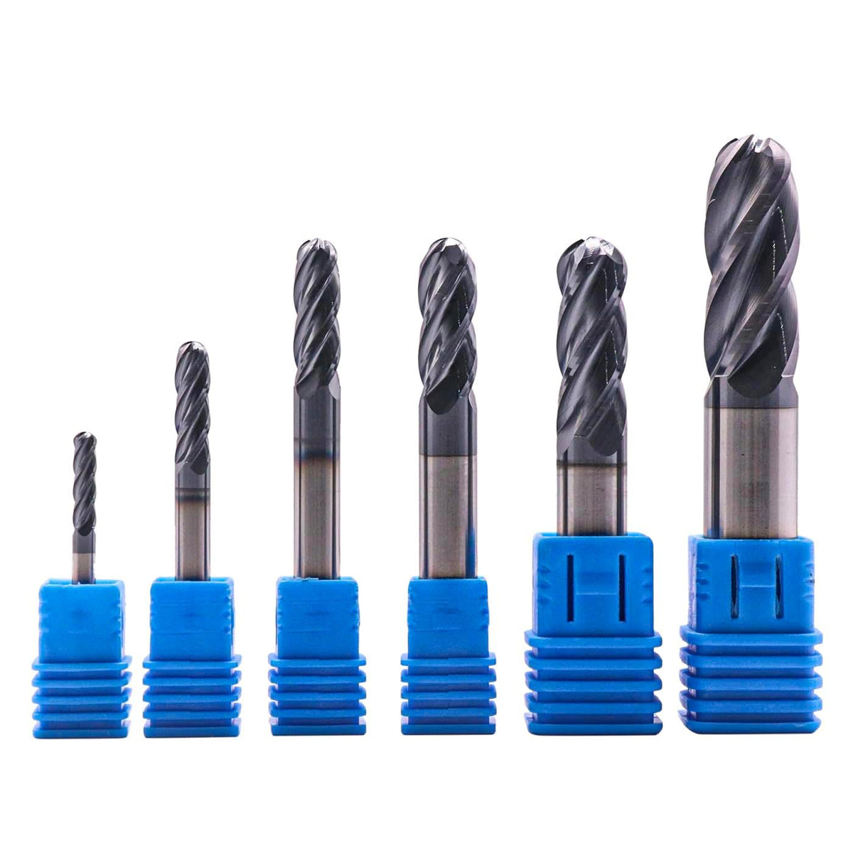 6Pcs 1/8"-1/2" 4 Flute Solid Carbide Ball Nose End Mills Set - AlTiN Coated