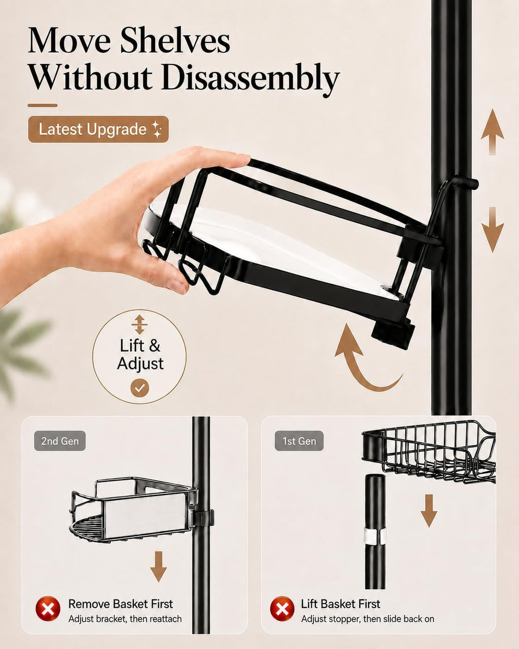 Corner Shower Caddy Tension Pole, 4 Hang-On Basket with Mixed-Height Shelves for Various Bottle Sizes, Extra Hooks &