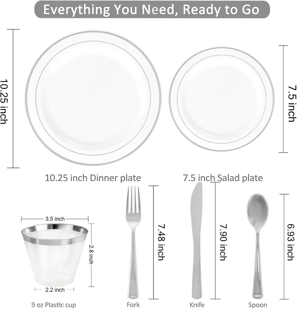 350-Piece Silver Plastic Dinnerware Set - Disposable 10.25" Dinner Plates, 7.5" Dessert Plates, 9oz Silver Rim Cups &
