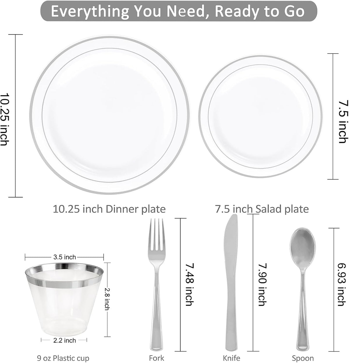 350-Piece Silver Plastic Dinnerware Set - Disposable 10.25" Dinner Plates, 7.5" Dessert Plates, 9oz Silver Rim Cups &